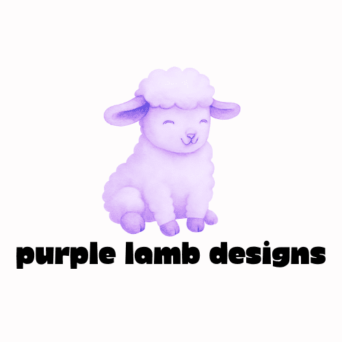 Purple Lamb Designs logo Purple lamb on top of business name "Purple Lamb Designs"